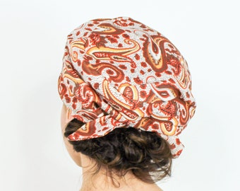 1950s Orange & Brown Print Turban | 50s Brown Paisley Turban Hat