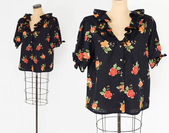 1980s Black Cotton Flowered Blouse | 80s Black Flo