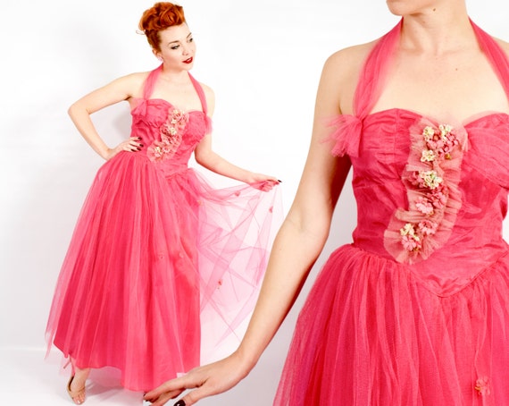 1940s Pink Tulle Evening Dress | 40s Magenta Pink