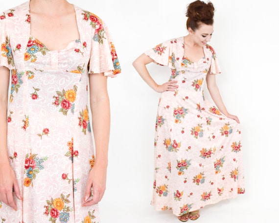 1970s Pink Floral Maxi Dress | 70s Pink Flower Ma… - image 1