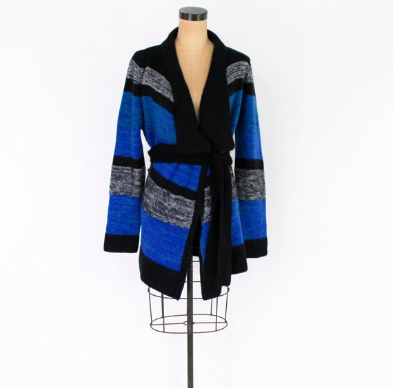 1990s Blue & Gray Stripe Cardigan | 90s Blue Wrap… - image 2