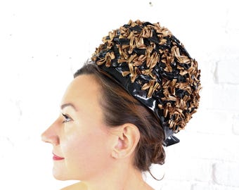 1960s Raffia Bubble Hat | Vintage Brown & Black High Crown Hat | Westbury N.Y.