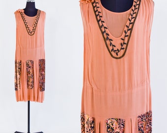 1920s Orange Silk Flapper Dress | 20s Peach & Brown Silk Flapper Dress | Small