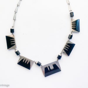 1930s Silver Chrome & Black Lucite Necklace 30s Silver Art Deco Necklace image 6