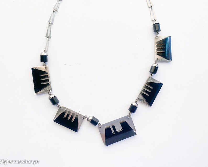 1930s Silver Chrome & Black Lucite Necklace 30s Silver Art Deco Necklace image 6