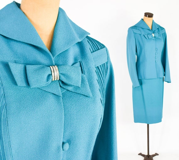 Lilli Ann | 1950s Blue Wool Crepe Suit | 50s Turq… - image 2