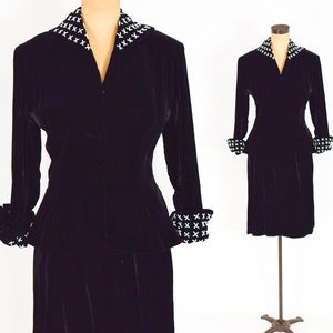 1940s Black Silk Velvet Suit | 40s Black Velvet Skirt Suit | Medium
