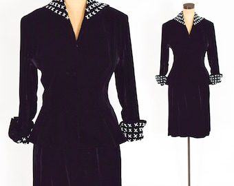 1940s Black Silk Velvet Suit | 40s Black Velvet Skirt Suit | Medium