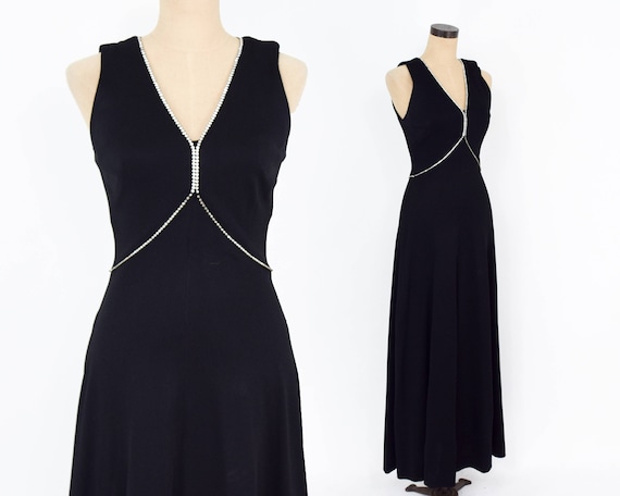 1970s Black Evening Dress | 70s Black Rhinestone M