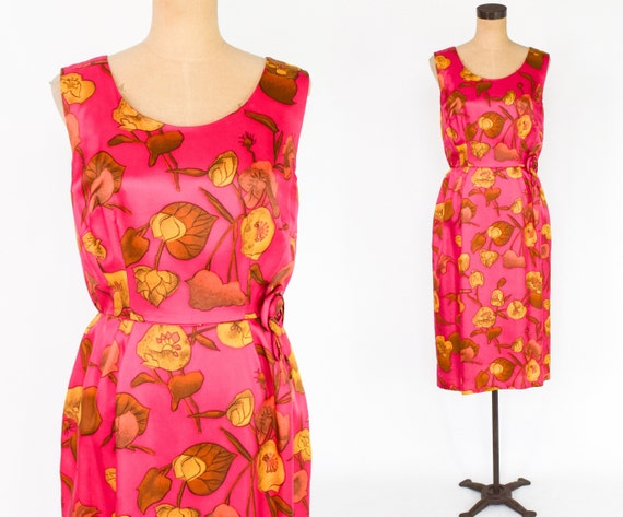 1950s Pink Floral Wiggle Dress | 50s Fuchsia Flow… - image 2