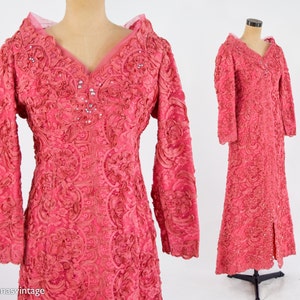 1940s Coral Pink Lace & Rhinestone Evening Gown 40s Pink Soutache Lace Rhinestone Dress Old Hollywood Medium image 2
