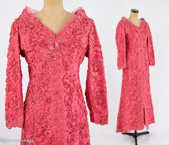 1940s Vintage Coral Lace & Rhinestone Evening Gown | Soutache Lace Formal, Medium 1940s Vintage Coral Lace & Rhinestone Evening Gown | Soutache Lace Formal, Medium