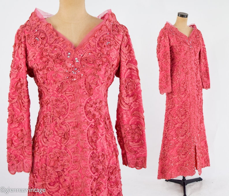 1940s Coral Pink Lace & Rhinestone Evening Gown 40s Pink Soutache Lace Rhinestone Dress Old Hollywood Medium image 2