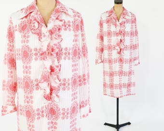 1960s Red White Print Cotton Dress | Vintage Plaid Shift Dress, Large