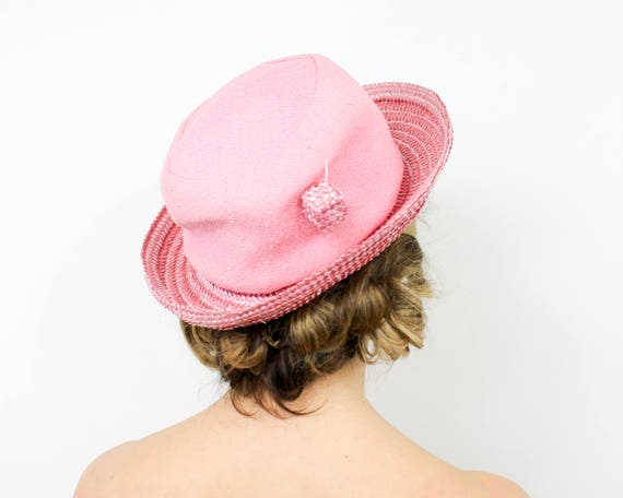 1960s Pink Linen & Straw Hat | 60s Pink Straw Hat