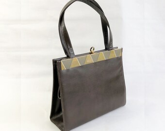 1960s Brown Leather Handbag | 60s Brown Faux Leather Purse | Gold & Silver Metal Triangle Trim