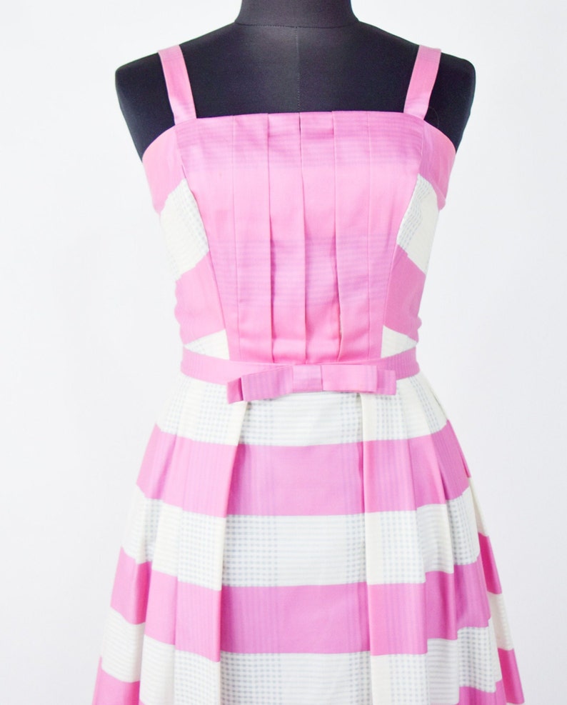 1950s Pink Stripe Cotton Dress 50s Pink Sun Dress Barbie Pink Dress Pat Primo XS image 7