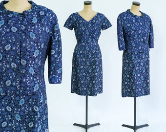 1960s Blue Brocade Dress & Jacket | Vintage Royal Blue Dress Set | Mary Louise, Medium