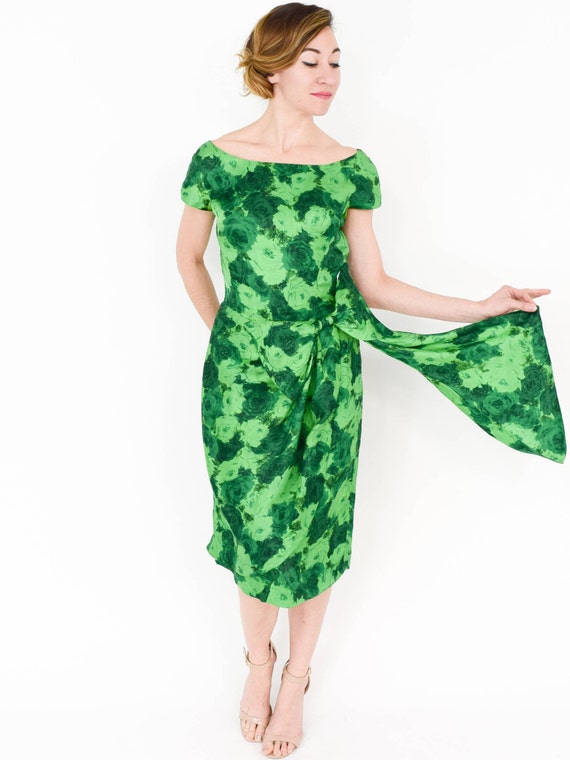 1950s Green Silk Floral Party Dress | Carlye Dres… - image 4