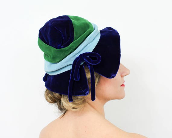 1960s Blue Velvet Slouch Hat | 60s Blue & Green St