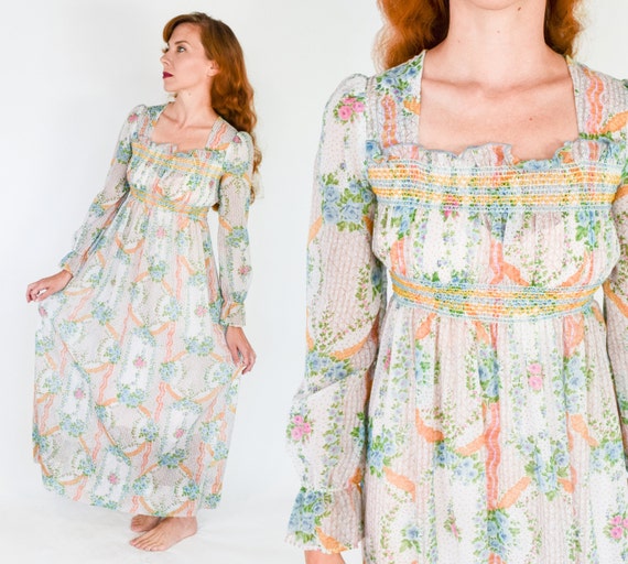 1970s Floral Maxi Peasant Dress | 70s Floral Shee… - image 1