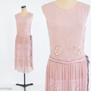 1920s Pink Silk Flapper Dress | 20 Pale Pink Beaded Dress | Small