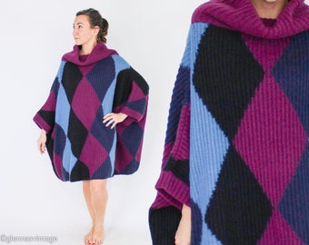 1980s Purple & Blue Oversize Sweater | 80s Harlequin Wool Knit Sweater Dress | United Colors of Benetton | One Size