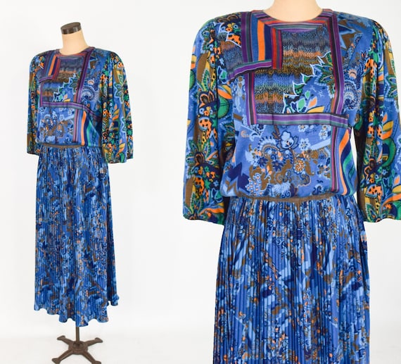 Diane Freis | 1980s Blue Wool Print Dress | 80s B… - image 1