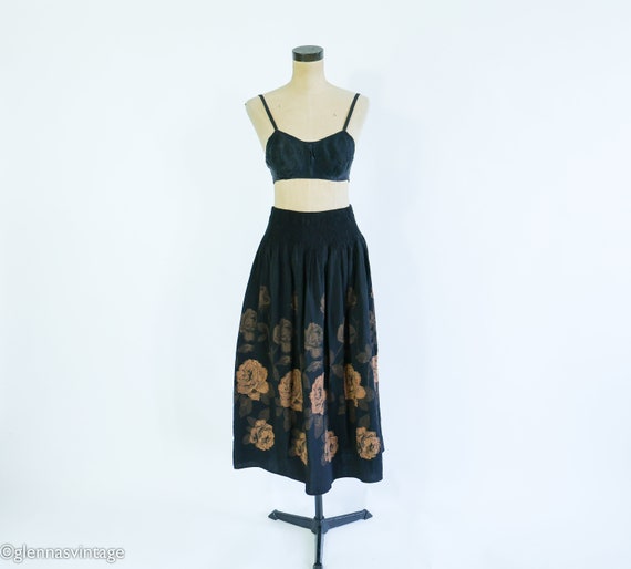 1990s Black & Bronze Floral Print Skirt | 90s Bla… - image 3