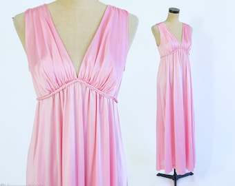Camisón rosa de nailon de Vanity Fair de los años 70 / Camisón largo vintage sin mangas, talla M