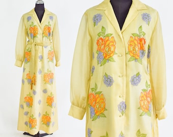 Shaheen | 1970s Yellow Screen Print Maxi Dress | 70s Yellow Floral Print Polyester Maxi Dress | Alfred Shaheen | Medium