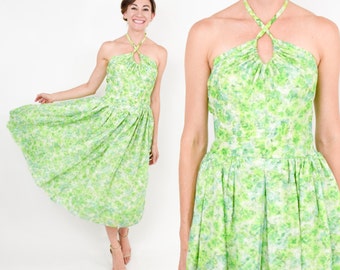 1950s Green Floral Halter Dress | 50s Green Nylon Flowered Sundress | Small