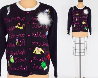 1980s BEREK Black Cotton Knit Cardigan | Vintage "Born to Shop” Sweater, Large