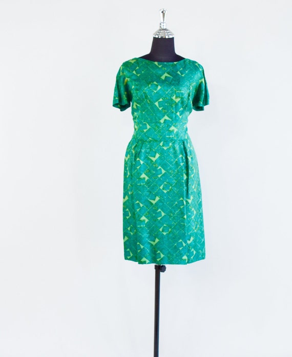 Large 1970s Green Geometric Italian Couture Dress Jacket Set