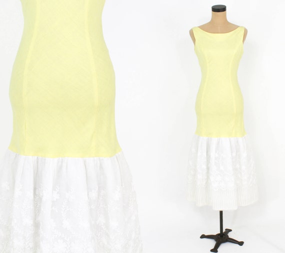 1950s Yellow Linen Dress | 50s Yellow Sleeveless P