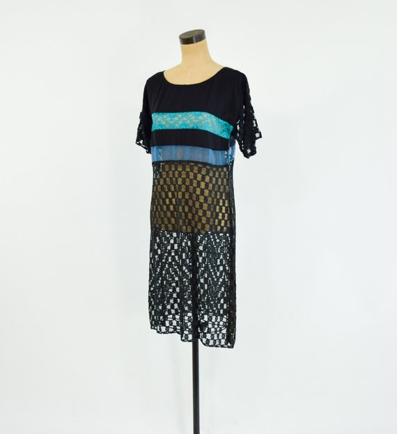 1990s Black & Blue Lace Dress | 90s Black Striped… - image 6