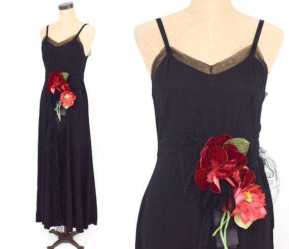 1930s Black Silk Evening Dress | 30s Black Silk C… - image 1