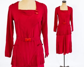 1930s Red Silk Evening Dress | 30s Long Sleeve Red Silk Pleated Dress | Flapper Style Dress | Medium