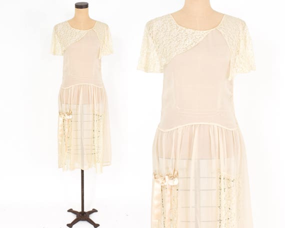 1920s Ivory Silk Chiffon Dress | 20s Ivory Chiffon
