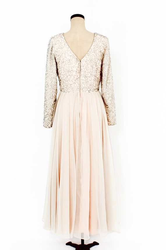 1960s Beige Beaded Evening Dress | 60s Beige Chif… - image 4