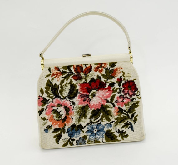 1950s Creme Flowered Handbag | 50s Floral Needlepo