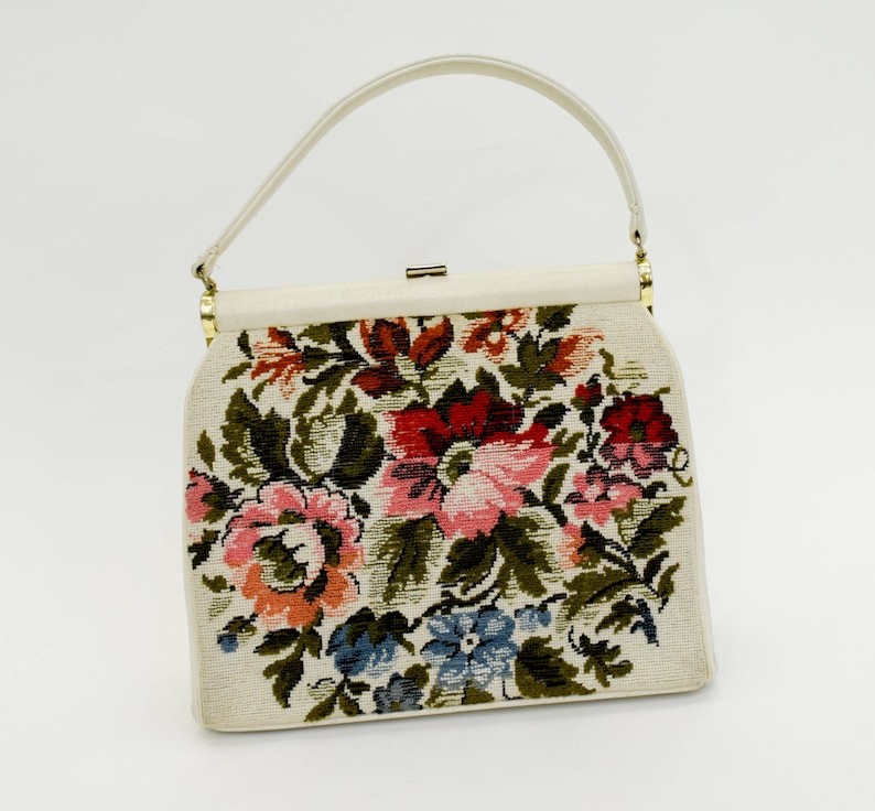 1950s Our shop Super Special SALE held OFFers the best service Creme Flowered Handbag 50s Bag Floral Needlepoint Purse
