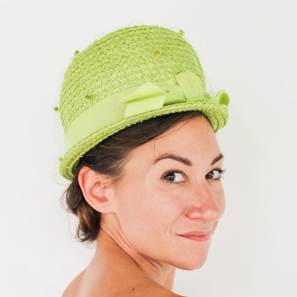 1960s Green Straw Hat | 60s Lime Green High Crown Hat | Jackie O | Jean Sutton