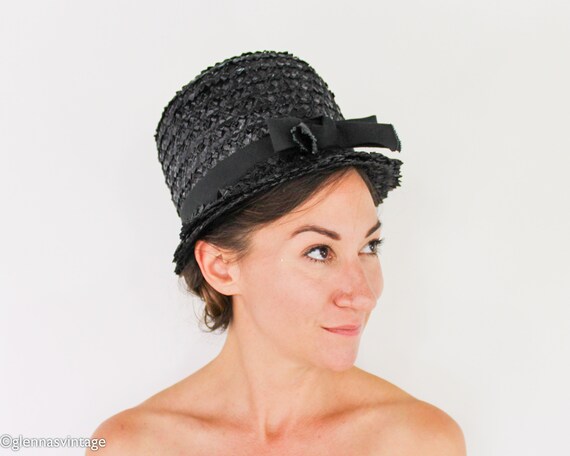 1960s Black Straw Bucket Hat | 60s Black Raffia W… - image 3