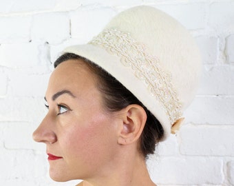 1960s Creme Mohair Bubble Hat | Vintage White Wool High Crown Hat | Noreen Fashions