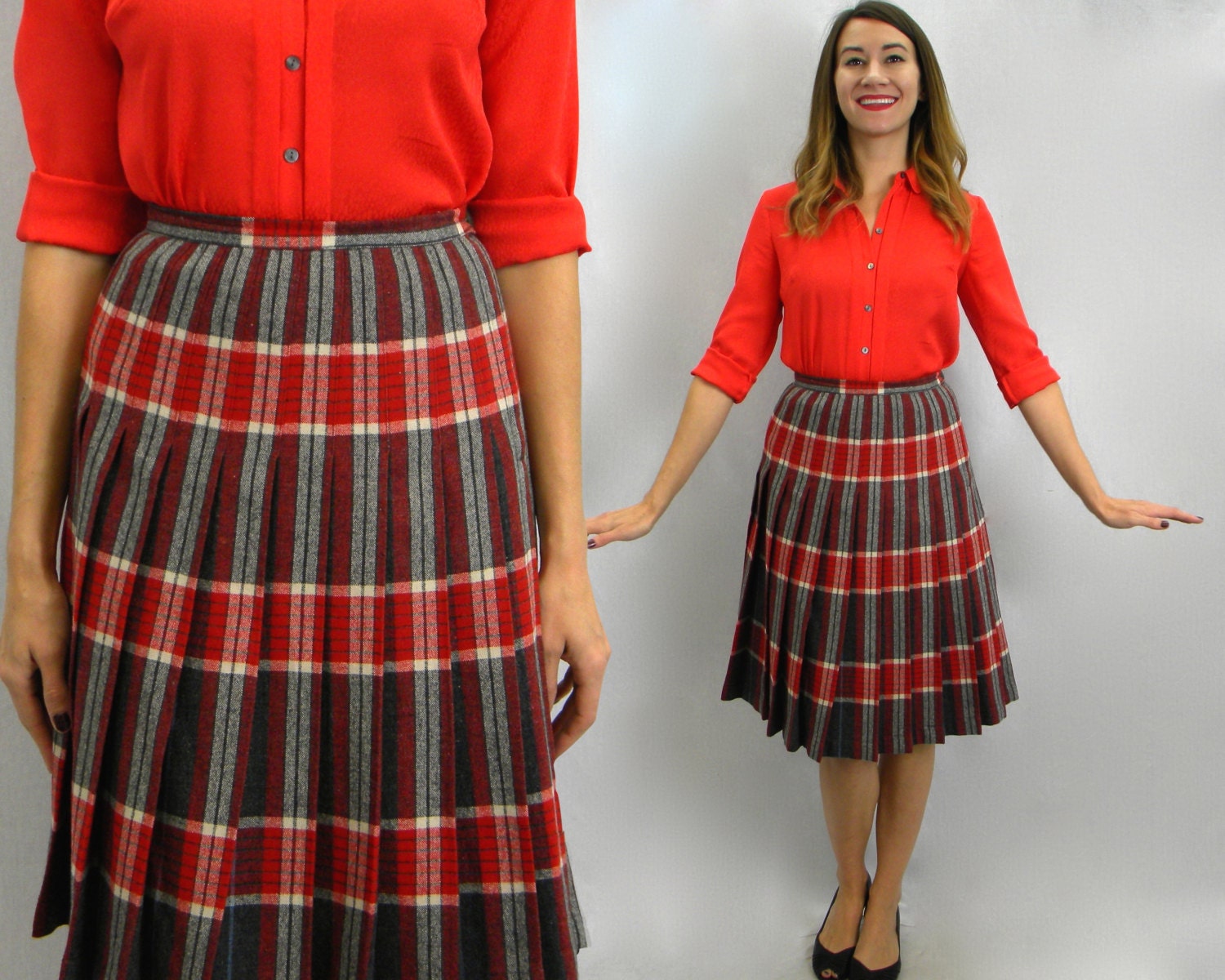 1950s Plaid Reversible Skirt 50s Red & Grey Plaid Wool - Etsy