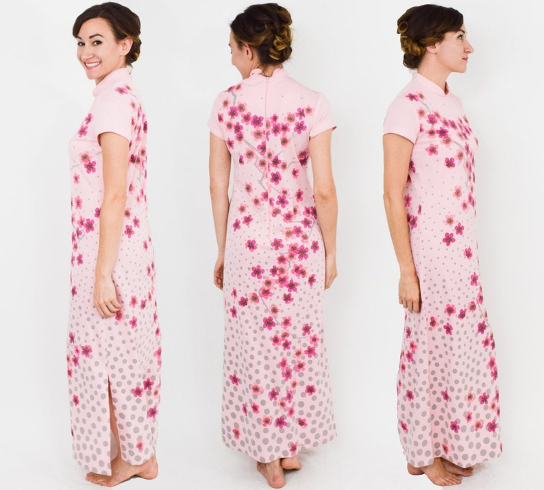 1970s Pink Flowered Maxi Dress 1970s Pink Floral Polka Dot Print Maxi Dress Alfred Shaheen Medium image 2