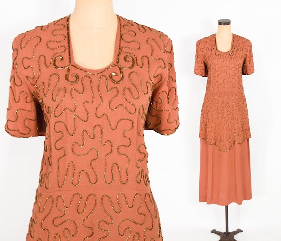 1940s Copper Beaded Evening Dress | 40s Orange Bea