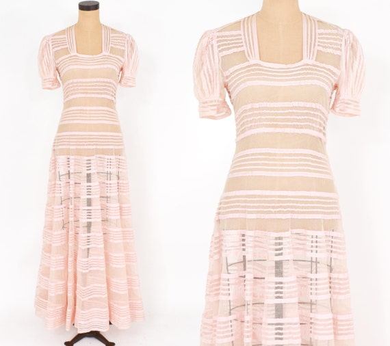 1930s Pink Evening Gown | 30s Pink Striped Tulle … - image 2