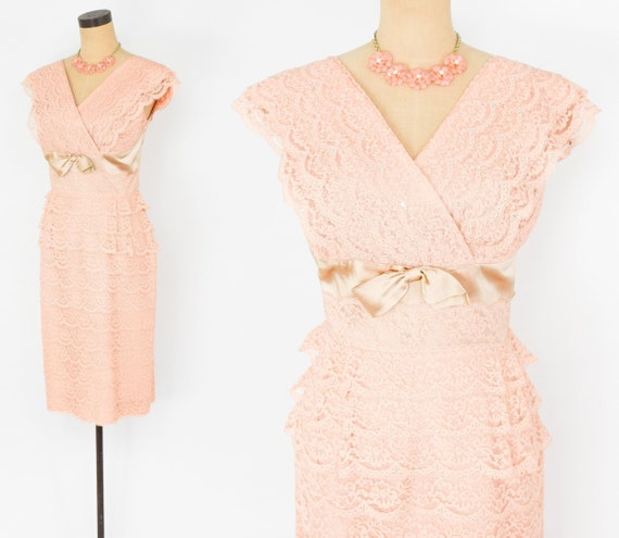 1950s Peach Lace Cocktail Dress | 50s Peach Layer… - image 2